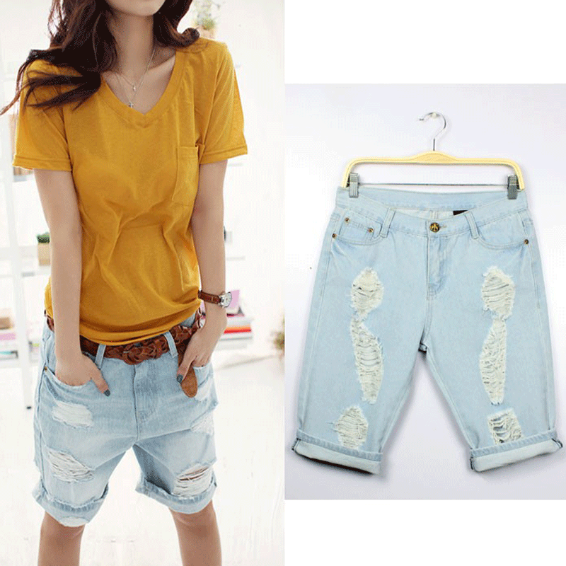 Female casual hole 5 wearing white loose pants jeans denim capris d9405