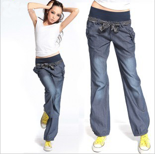 Female casual pants wide leg pants elastic waist trousers jeans thin loose bloomers