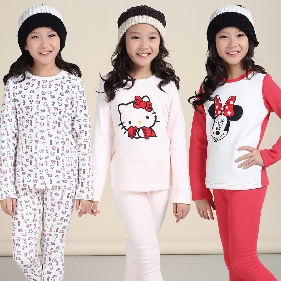 Female child underwear child thermal underwear set plus velvet thickening baby 100% cotton sleepwear