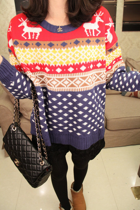 Female christmas elk onta square rhombus stripe o-neck loose pullover long-sleeve sweater