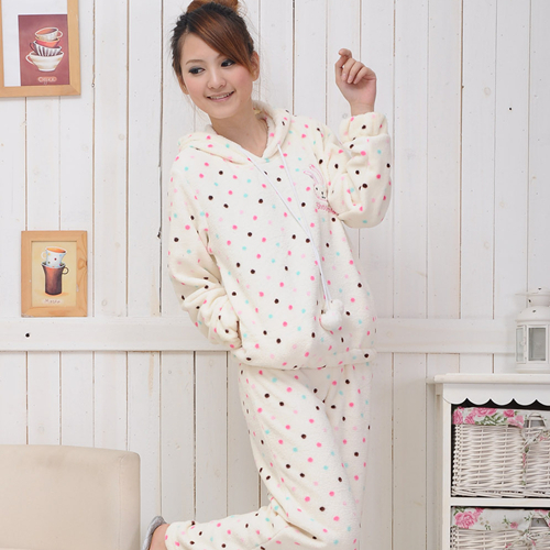 Female coral fleece sleep set white multicolour dot pullover set thermal comfortable lounge nightgown