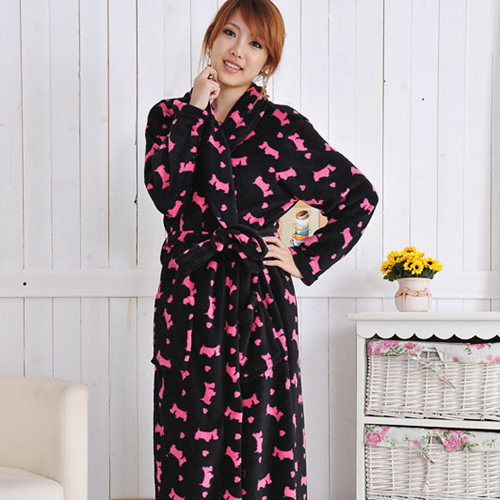 female coral fleece sleepwear robe bathrobes black-matrix pink dog print dog