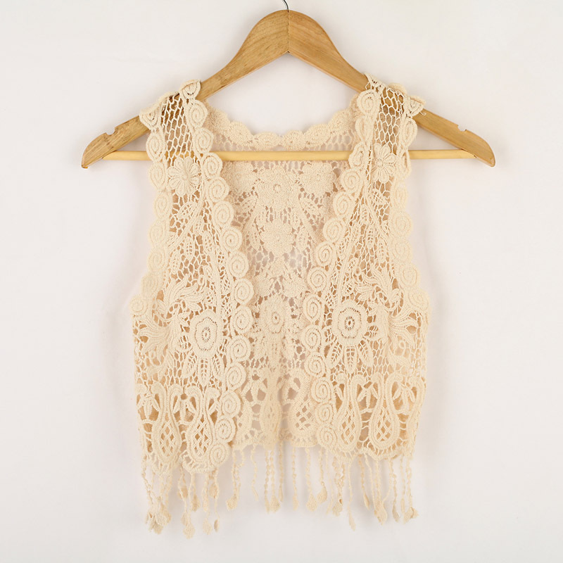 Female cutout crochet lace cardigan waistcoat cutout tassel vest