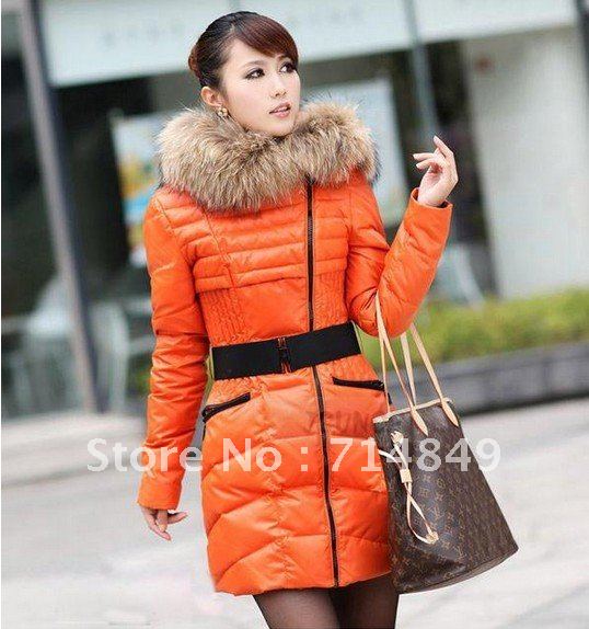 Female, detachable fur collar, hooded, bright face, genuine, long middle section, down jacket, coats, jackets.Free shipping