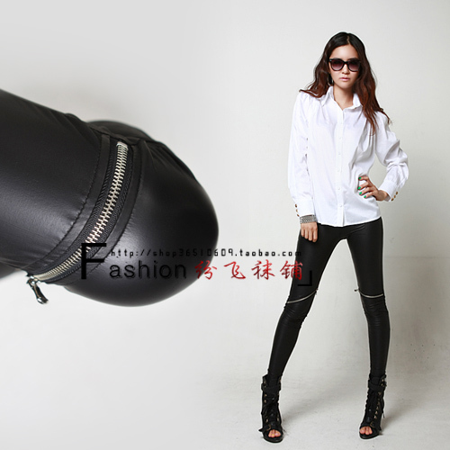 Female faux leather ankle length legging knee zipper legging light matt