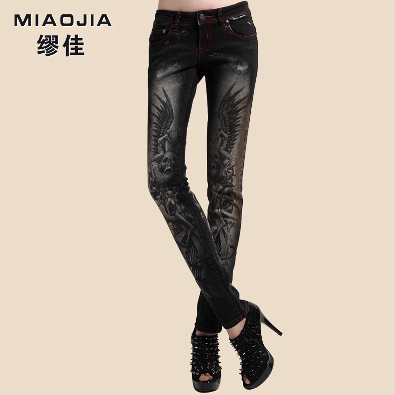 female Free shipping Colored drawing multicolour print thickening jeans female black denim trousers pencil women