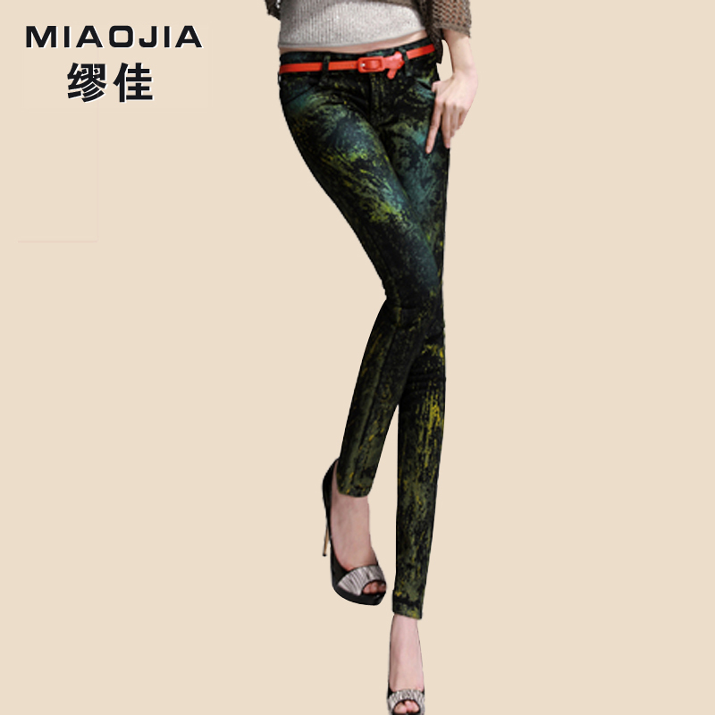 female Free shipping Colored drawing pencil pants skinny pants thickening jeans colored drawing personalized print denim women