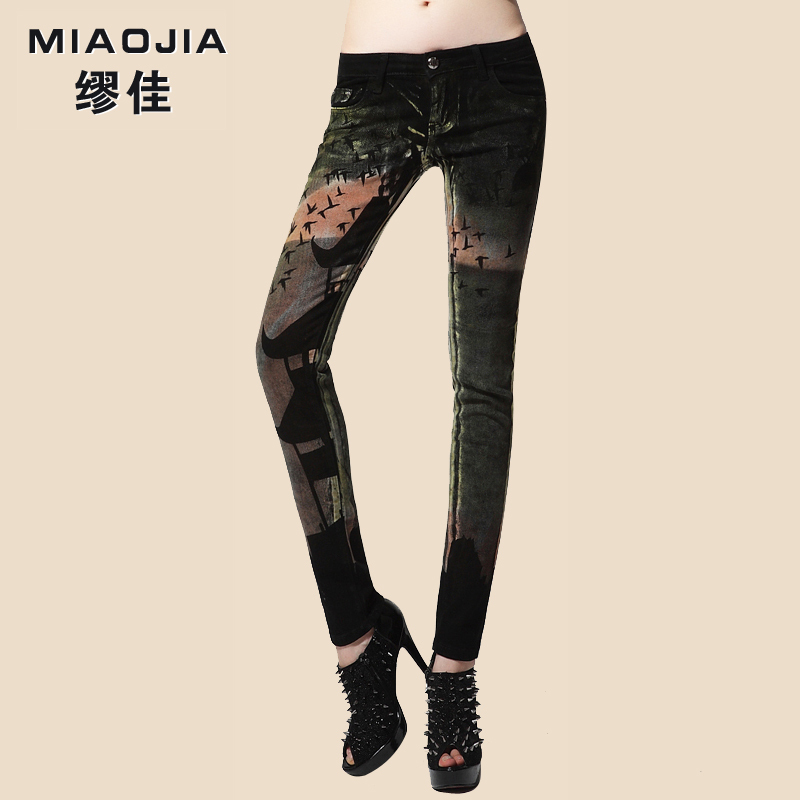 female Free shipping Knitted trousers female denim colored drawing pattern denim women