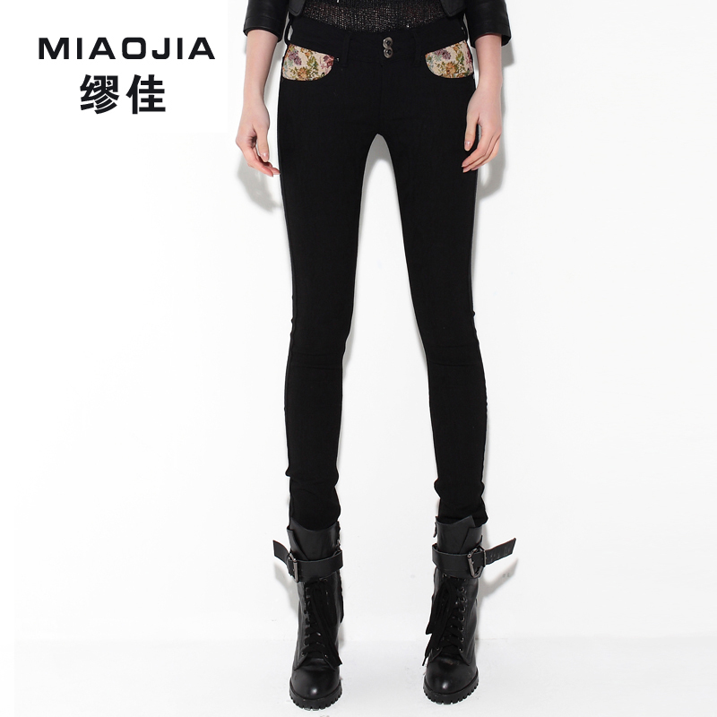 female Free shipping Pocket breasted jeans female trousers casual pants tight elastic women