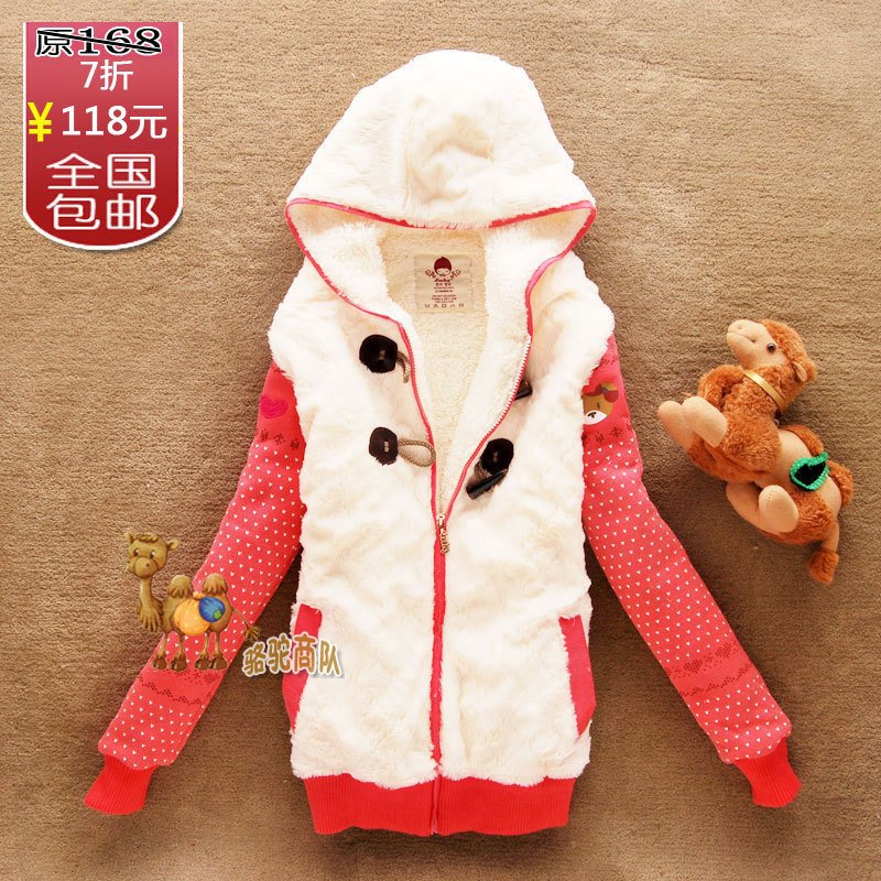 Female horn button lamb's with a hood red wadded jacket thermal zipper cotton-padded jacket thick outerwear