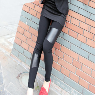 Female irregular faux leather patchwork velvet thickening plus velvet legging ankle length trousers free shipping