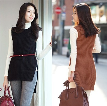 Female knitting sweater coarse low-high slim sleeveless knitted vest yarn pullover vest