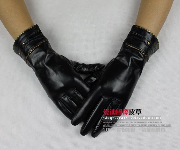 Female leather gloves fashion double zipper patent leather fashion women's sheepskin genuine leather gloves winter thickening