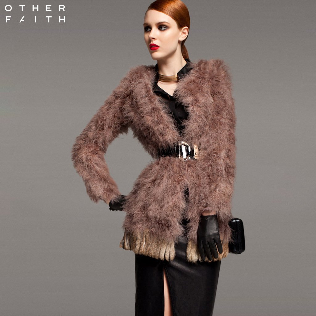 Female leather Rabbit fur turkey wool patchwork vintage fur coat 13g3401