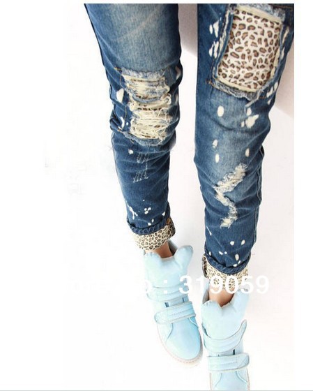 Female leopard print wearing white retro finishing hole butt-lifting pencil jeans roll up hem applique Free Shipping