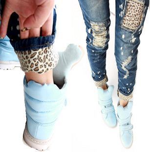 Female leopard print wearing white retro finishing hole butt-lifting pencil jeans roll up hem applique Free Shipping