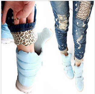 Female leopard print wearing white retro finishing hole butt-lifting pencil jeans roll up hem applique Free Shipping A01