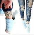 Female leopard print wearing white retro finishing hole butt-lifting pencil jeans roll up hem applique  Free Shipping   W1314