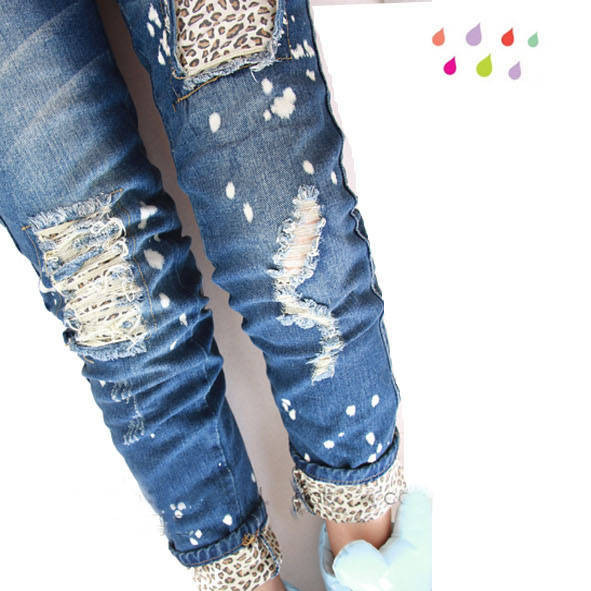 Female leopard print wearing white retro finishing hole butt-lifting pencil jeans roll up hem applique Free Shipping W1314