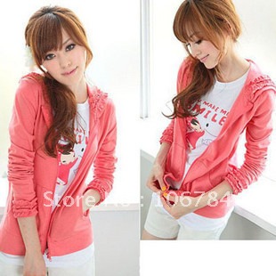 Female long-sleeve solid color ruffle with a hood thin cardigan sweatshirt short jackets