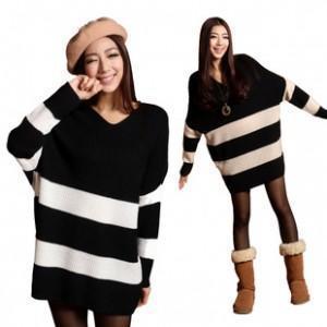 Female medium-long stripe loose plus size knitted wear basic shirt sweater