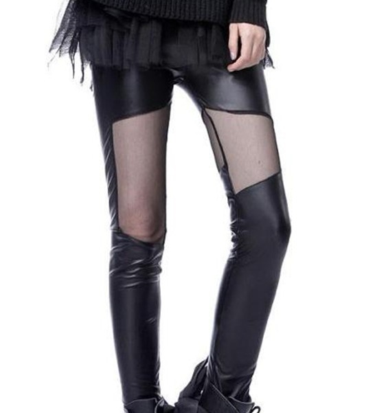 Female models significantly thin slim yarn stitching leather leggings false through flesh nine pants