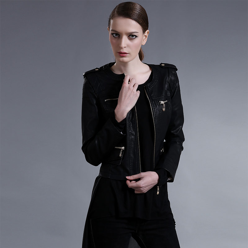 Female motorcycle clothing leather spring and autumn women's PU water washed leather outerwear jacket