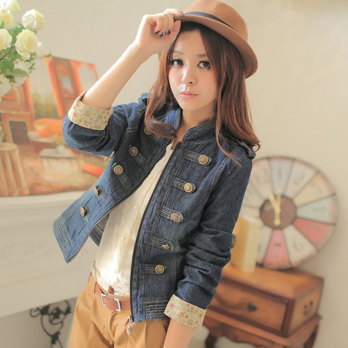 female outerwear double decoration button long-sleeve water wash denim coat  jean jacket