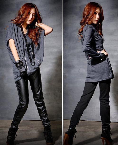 Female personality before and after the faux leather patchwork elastic black cotton ankle length trousers the trend skinny