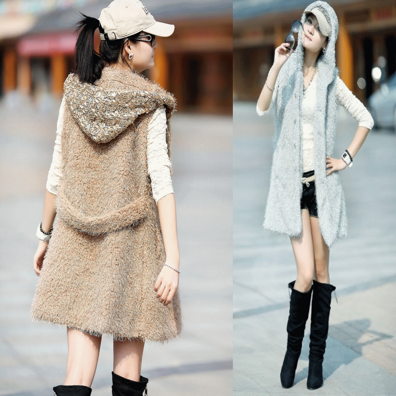 Female plus cotton cardigan knitted long woolen shawl wool fur vest medium-long cotton vest outerwear