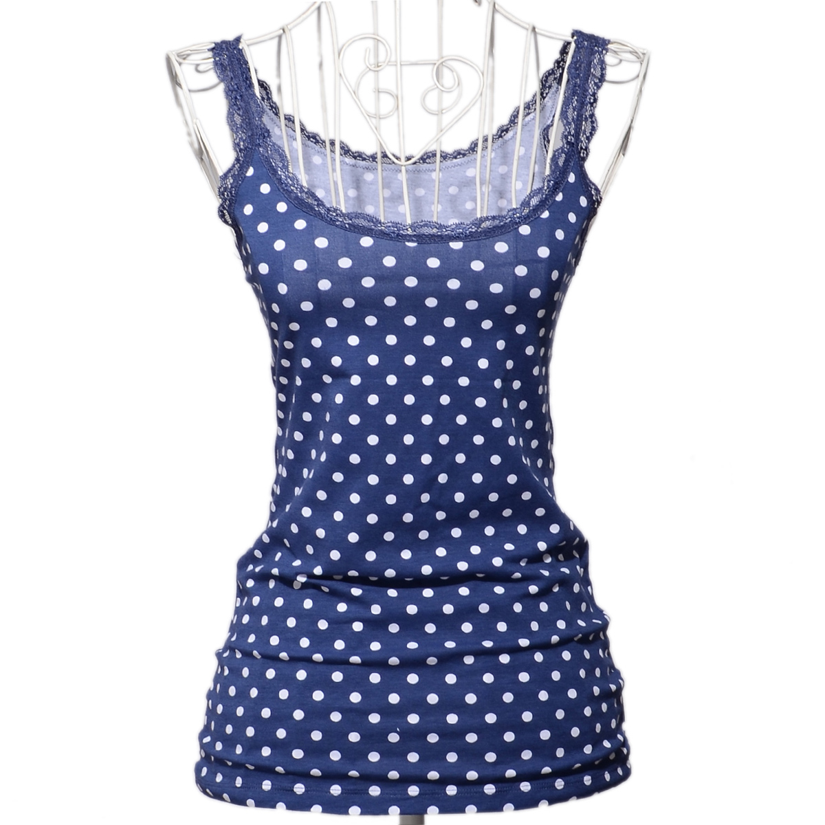 Female plus size slim lace spaghetti strap vest female blue polka dot 100% cotton basic shirt