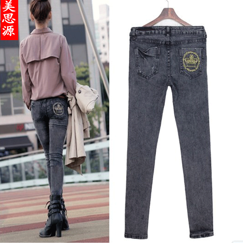 Female pocket jeans tight embroidery denim trousers pencil pants y9240