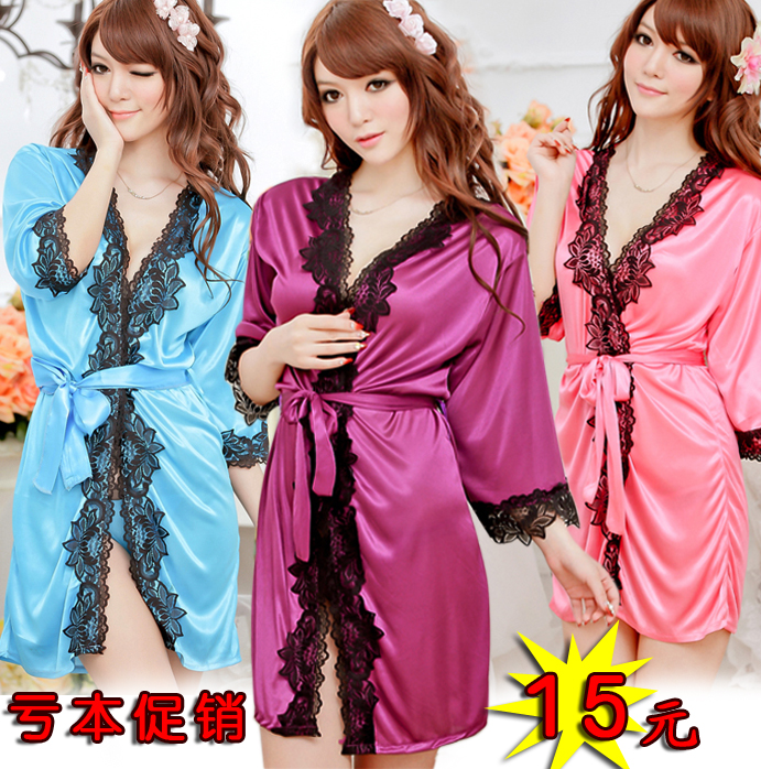 Female purple faux silk fashion temptation bathrobe translucent sexy robe lounge sleepwear