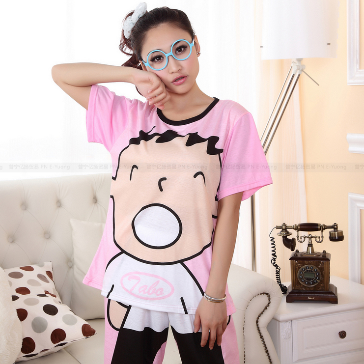 Female short-sleeve sleepwear female cotton cartoon sleep set pink doll female cotton sleepwear lounge