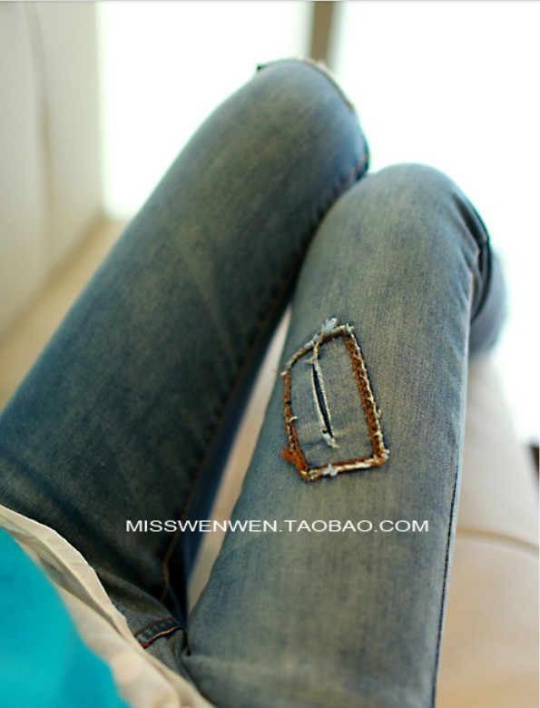 Female skinny jeans pants female 2013 spring female hole applique slim pencil pants