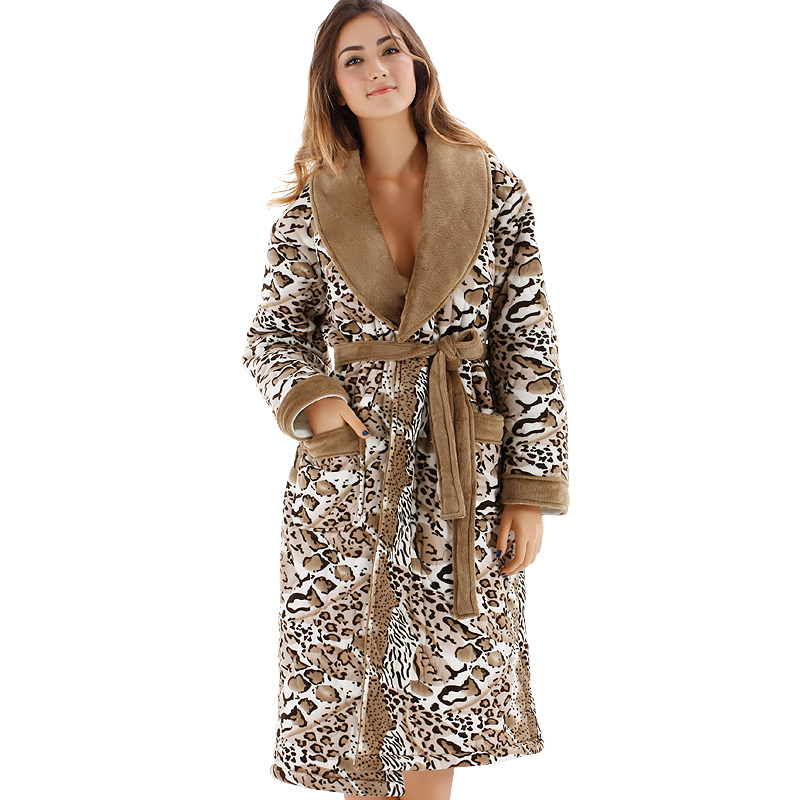 Female sleepwear coral fleece thickening super soft leopard print lovers robe thermal lounge 0118