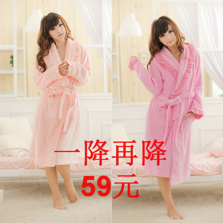 Female sleepwear winter women's thickening coral fleece robe solid color turn-down collar fashion at home bathrobes