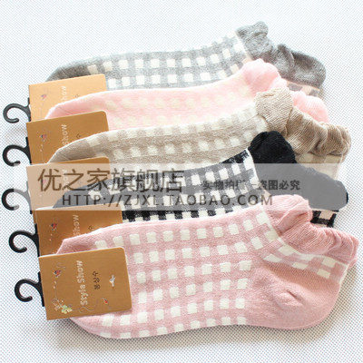 Female socks women's 100% cotton 100% cotton plaid paragraph laciness socks pile of pile of socks short sock slippers