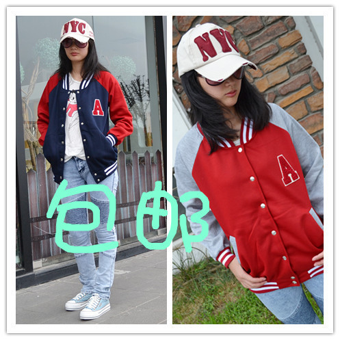 Female spring and autumn long-sleeve button stand collar a letter color block decoration fleece baseball uniform sweatshirt slim