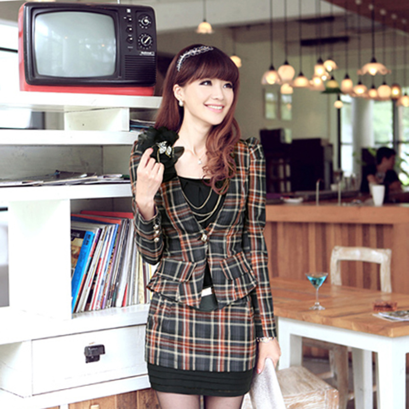 Female spring fashion elegant gentlewomen plaid coat slim hip skirt casual professional set