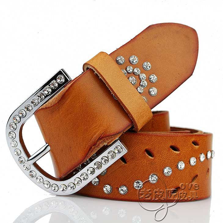 Female strap genuine leather diamond women's strap fashion flower belt rhinestone mere loin a genuine leather