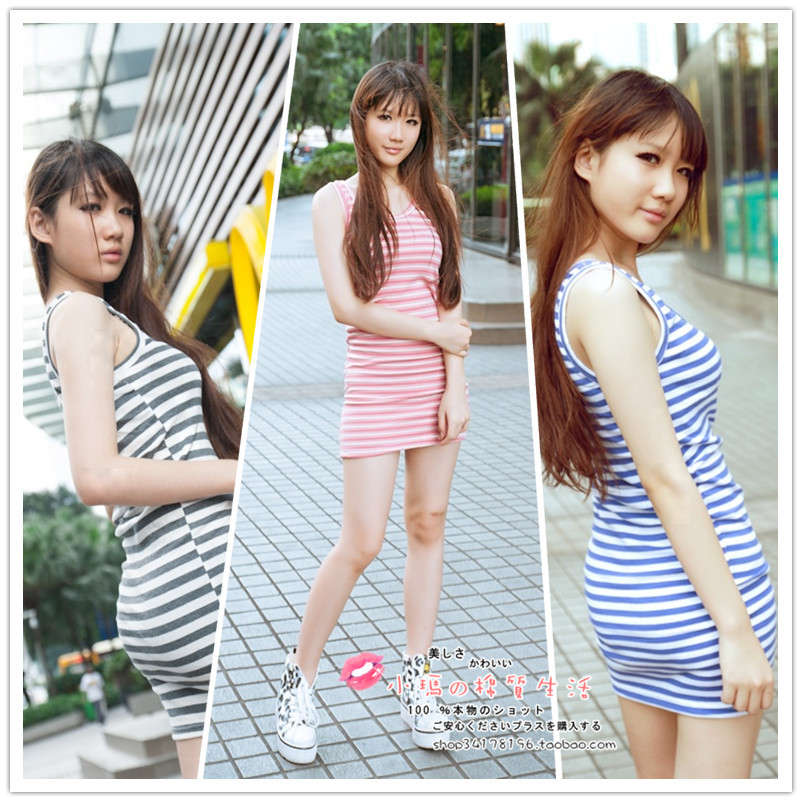 Female summer all-match slim hip skirt sexy 100% cotton stripe tank dress sleeveless one-piece dress basic skirt