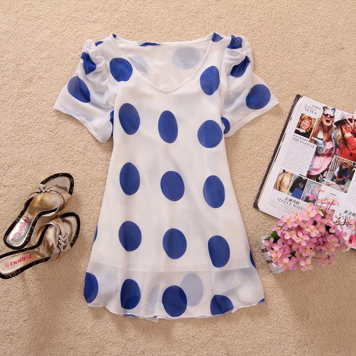 Female summer big dot puff sleeve loose top shirt chiffon shirt (WC001)