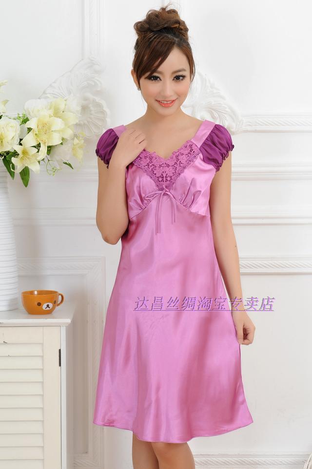 Female V-neck faux silk short-sleeve nightgown sleepwear one-piece dress lace lingerie lounge ladie's silk sleep wear from China