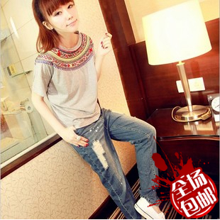 Female winter autumn and winter all-match distrressed wearing white loose jeans basic pants trousers