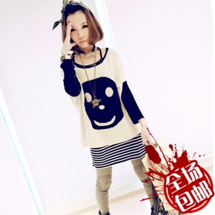 Female winter autumn and winter o-neck long-sleeve medium-long smiley pattern sweater female sweater