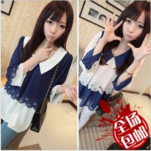 Female winter autumn and winter peter pan collar petal puff sleeve faux two piece set basic chiffon shirt