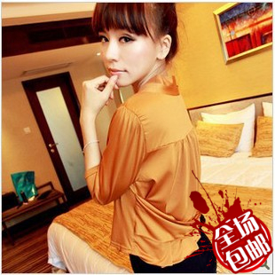 Female winter autumn and winter pleated solid color three quarter sleeve cardigan air conditioning shirt short jacket