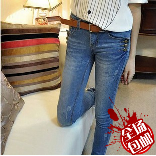 Female winter autumn and winter pocket buckle elastic denim trousers pencil pants