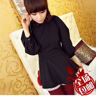 Female winter autumn and winter royal lantern sleeve woolen slim waist pleated skirt one-piece dress